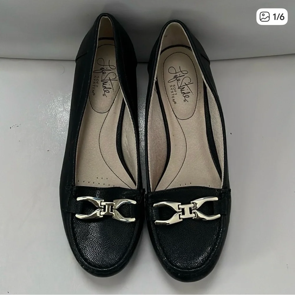 Life Stride Black Leather Loafers with Silver Chain Accent